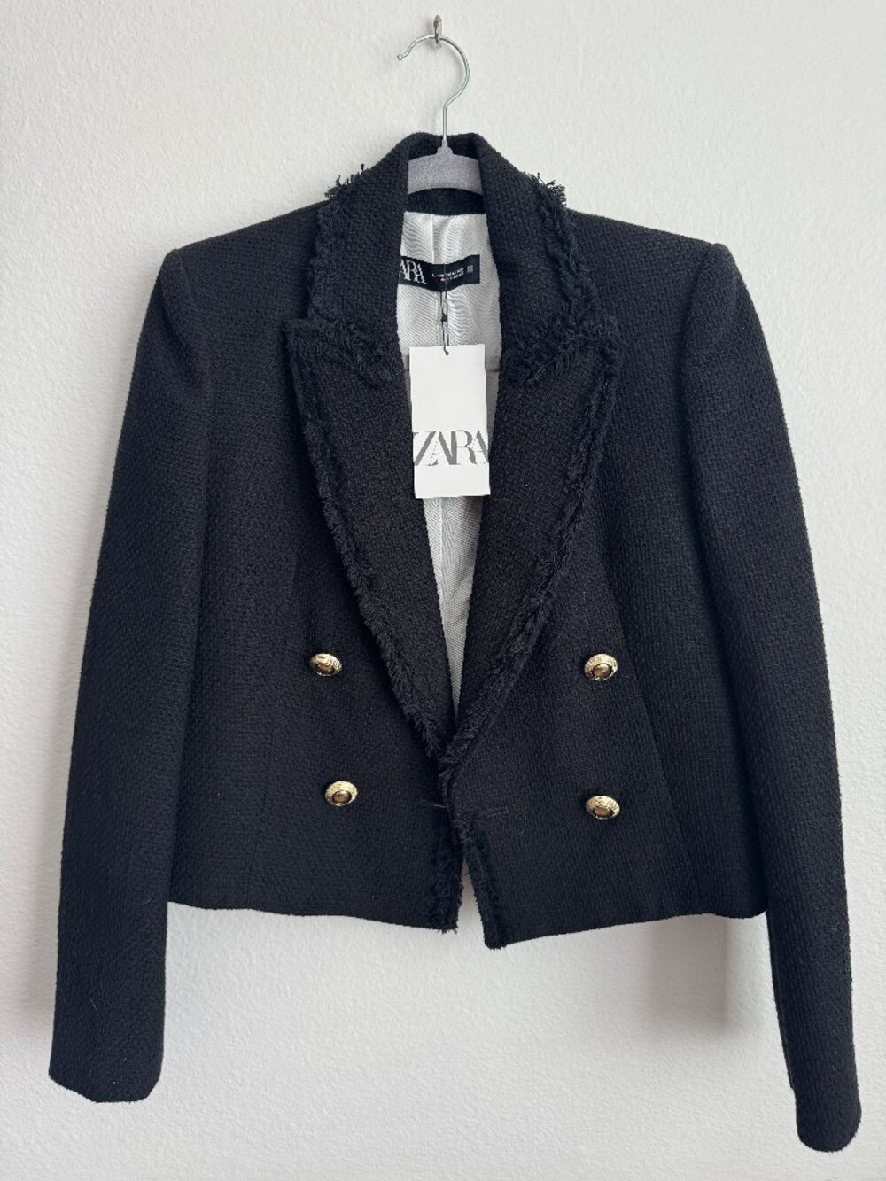 Zara Tweed Cropped Black Blazer